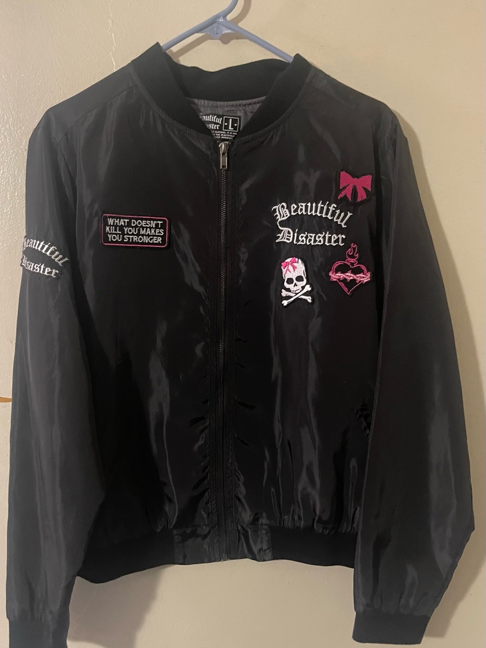 Discontinued Beautiful Disaster Black Bomber Jacket with Embroidered Skull Patch